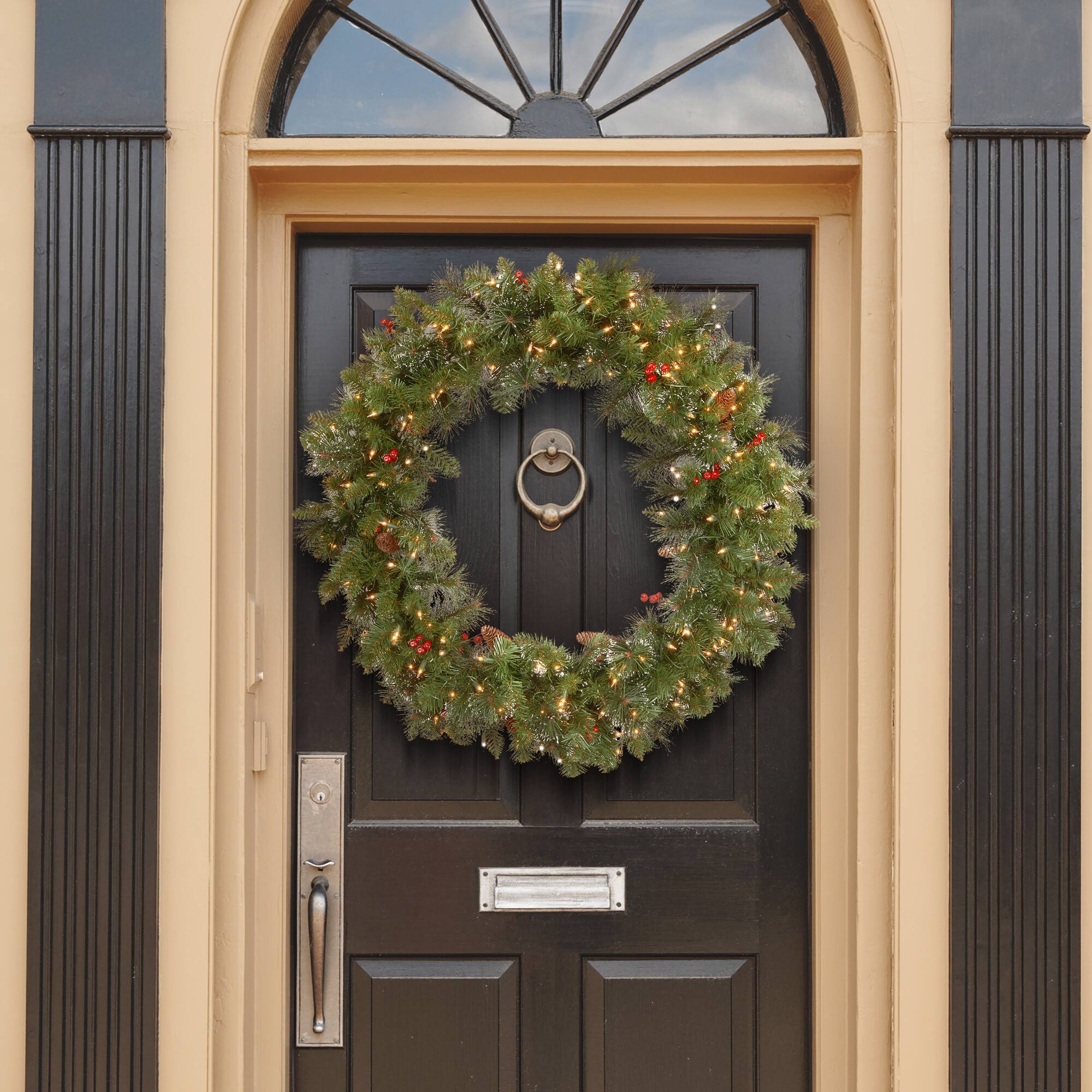 36" Crestwood Spruce Wreath with Silver Bristle, Cones, Red Berries & Glitter with 200ct. Clear Lights